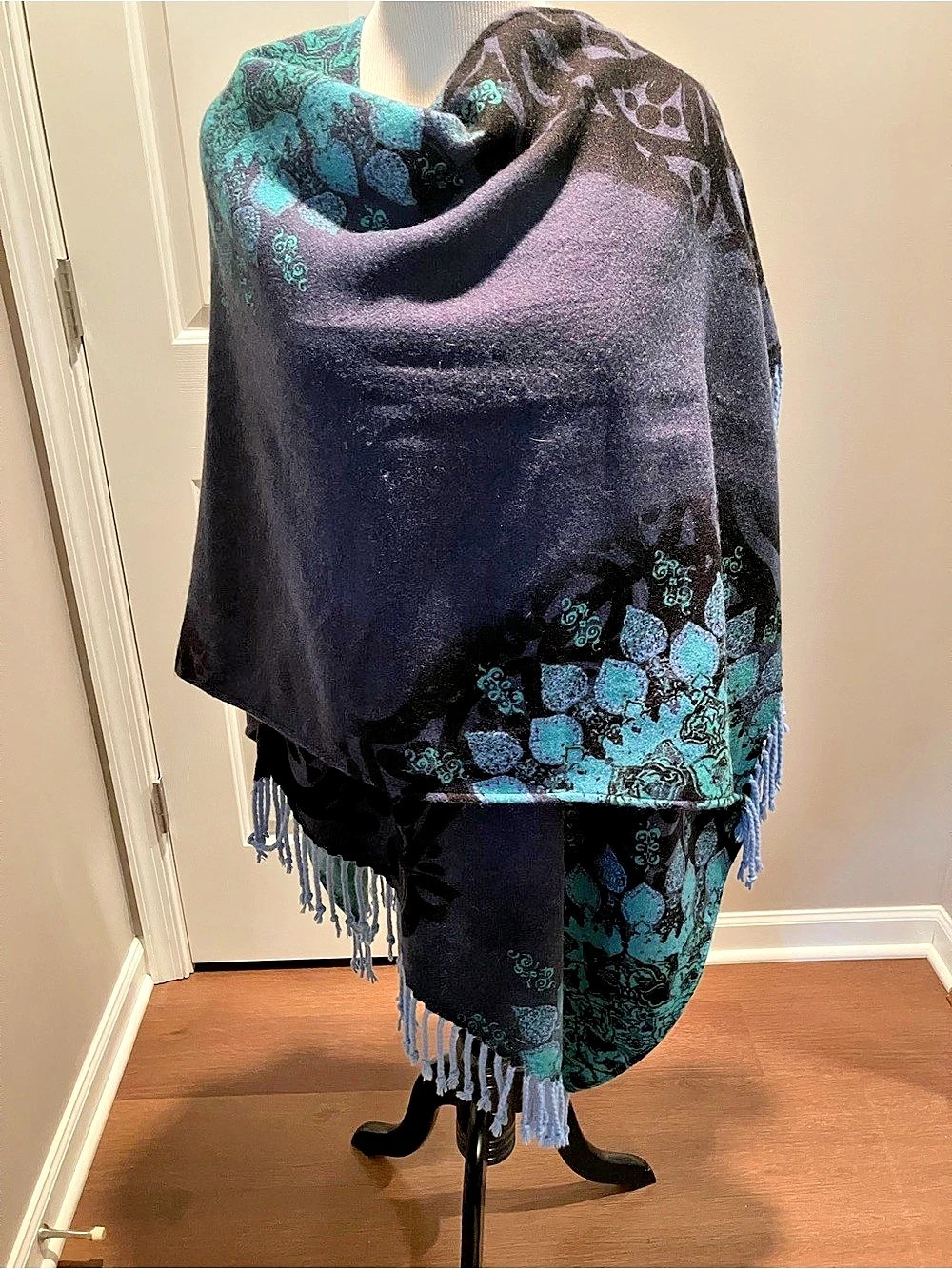 Chico’s Floral Fringe Wrap in Blue & Green